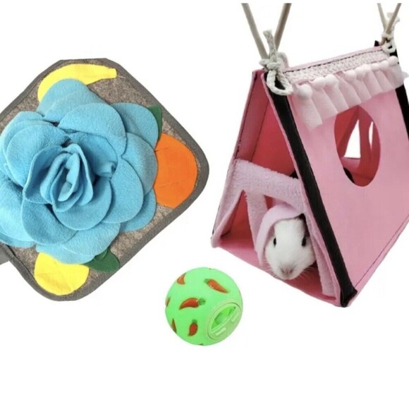 Guinea Pig Bundle Small Pet Hide Pink Felt Tent, Snuffle Mat And Treat Ball - Picture 1 of 11